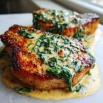 Two seared pork chops covered in a creamy garlic sauce with wilted spinach, part of the One-Pan Creamy Garlic Pork Chops recipe.