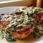 Two seared pork chops smothered in a creamy garlic sauce with wilted spinach, ready to eat.