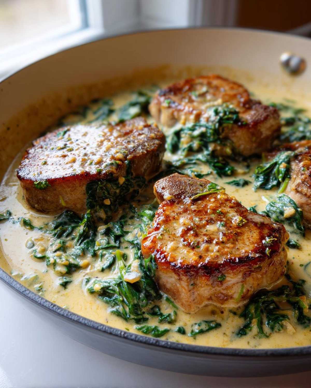 Four seared pork chops simmering in a creamy garlic sauce with wilted spinach in a skillet.
