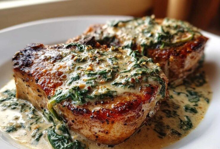 Two seared pork chops smothered in a creamy garlic sauce with wilted spinach, ready to eat.