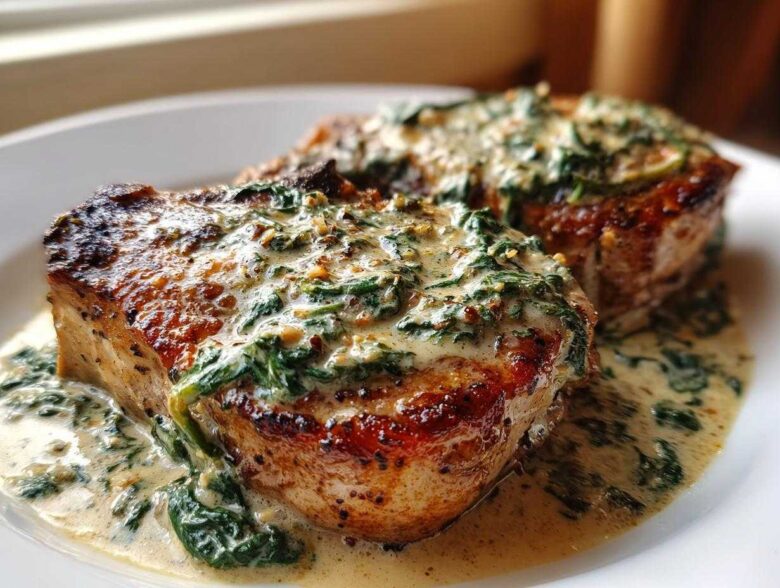 Two seared pork chops smothered in a creamy garlic sauce with wilted spinach, ready to eat.
