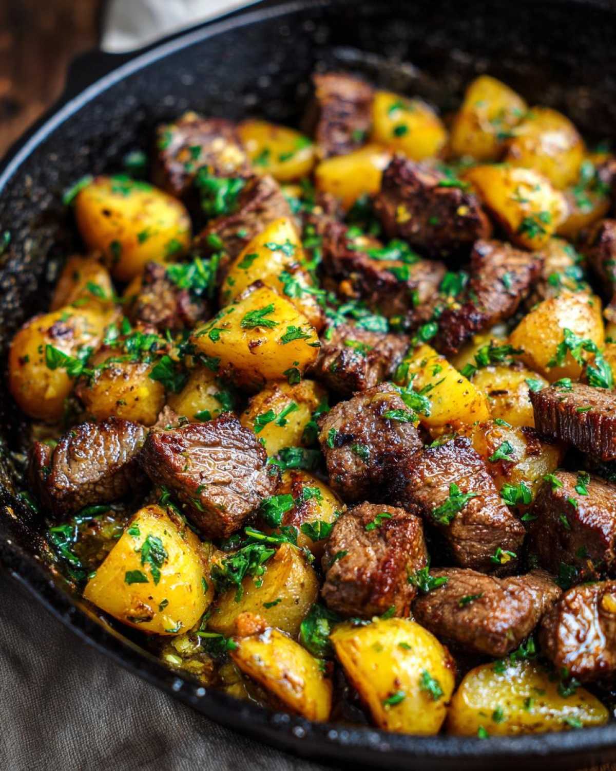 Close-up of seared steak bites mixed with golden roasted potatoes, coated in garlic butter and fresh parsley.