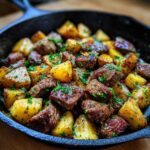 Close-up of One-Pan Garlic Butter Steak Bites and Potatoes, garnished with fresh parsley in a cast iron skillet.
