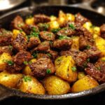 Close-up of juicy, browned steak bites mixed with golden roasted potatoes in a cast iron skillet, garnished with parsley.