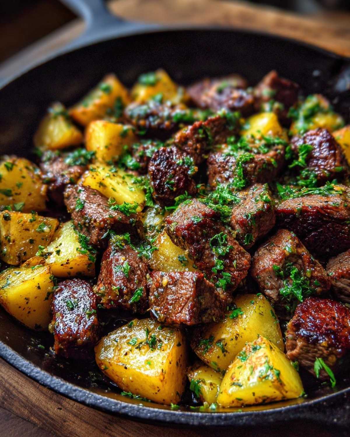 Close-up of juicy, browned One-Pan Garlic Butter Steak Bites and Potatoes garnished with fresh parsley.