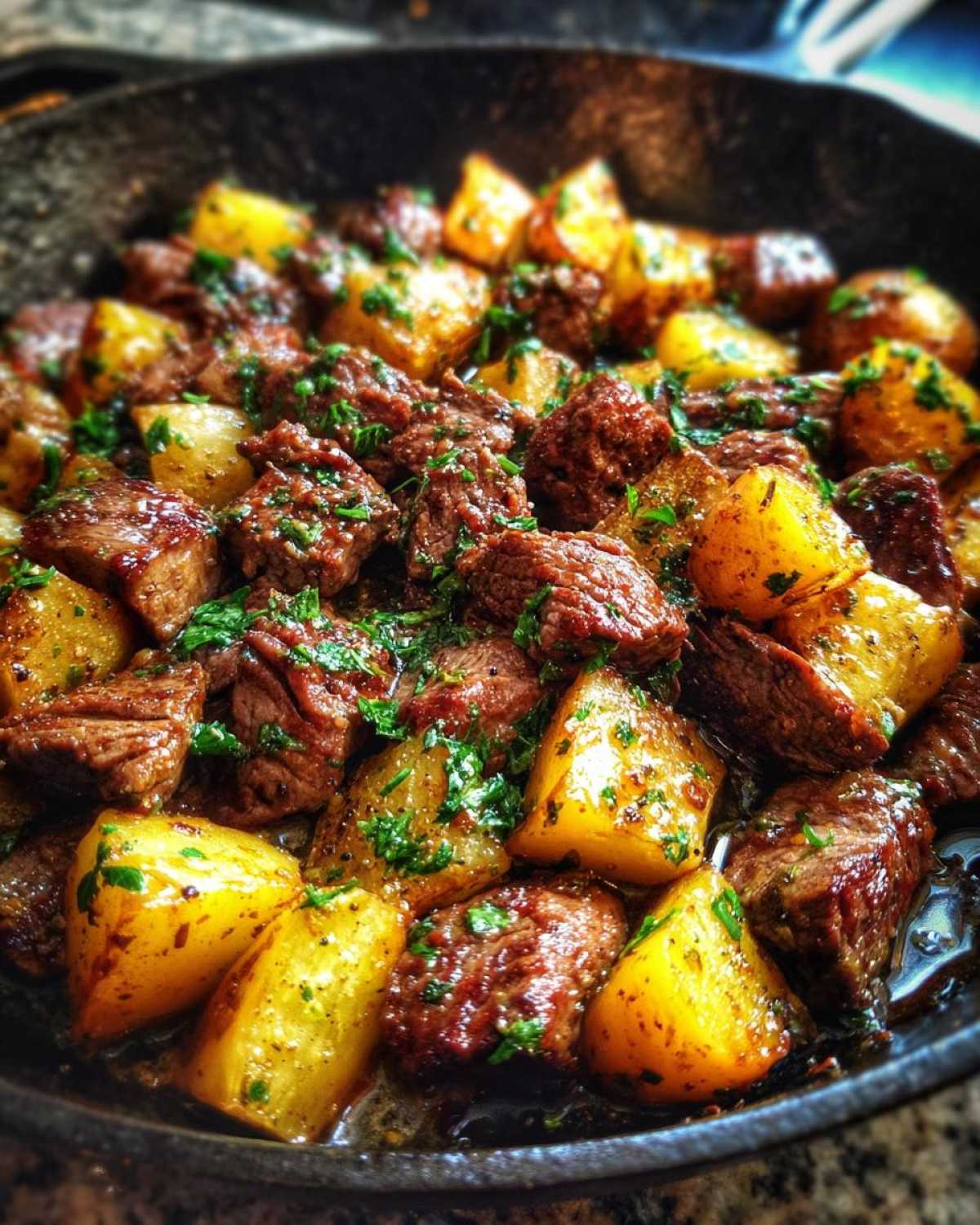 Close-up of juicy steak bites mixed with golden roasted potatoes, coated in garlic butter sauce and sprinkled with parsley.