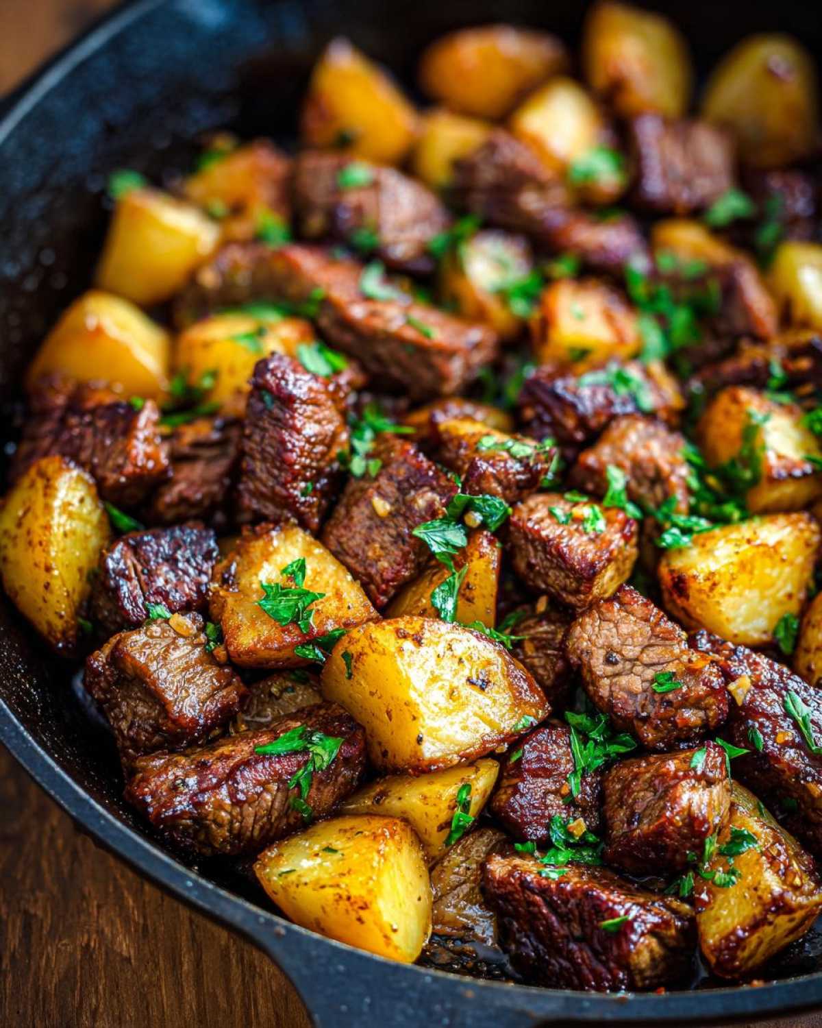 Close-up of golden potatoes and seared steak bites coated in garlic butter, garnished with parsley.