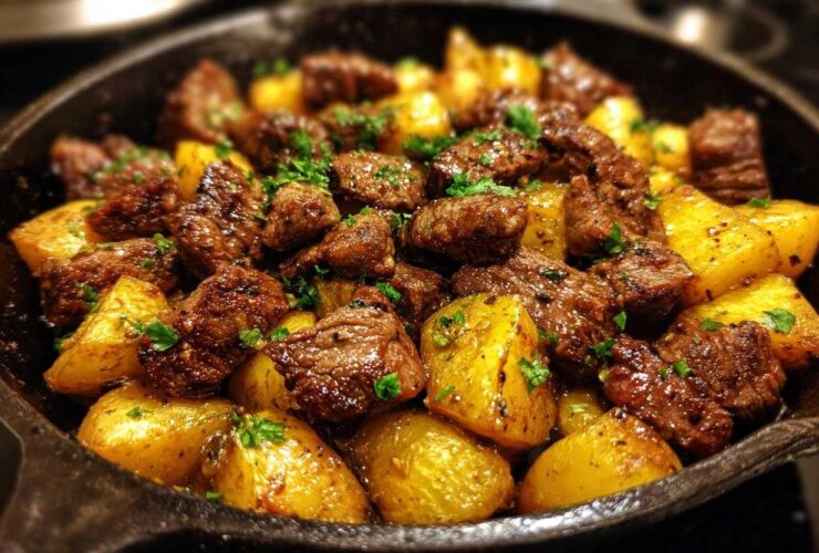 Close-up of juicy, browned steak bites mixed with golden roasted potatoes in a cast iron skillet, garnished with parsley.