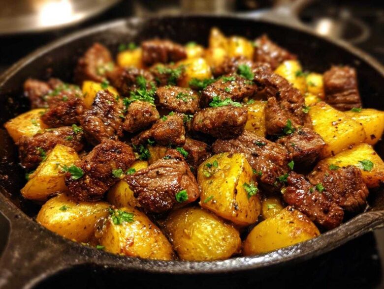 Close-up of juicy, browned steak bites mixed with golden roasted potatoes in a cast iron skillet, garnished with parsley.