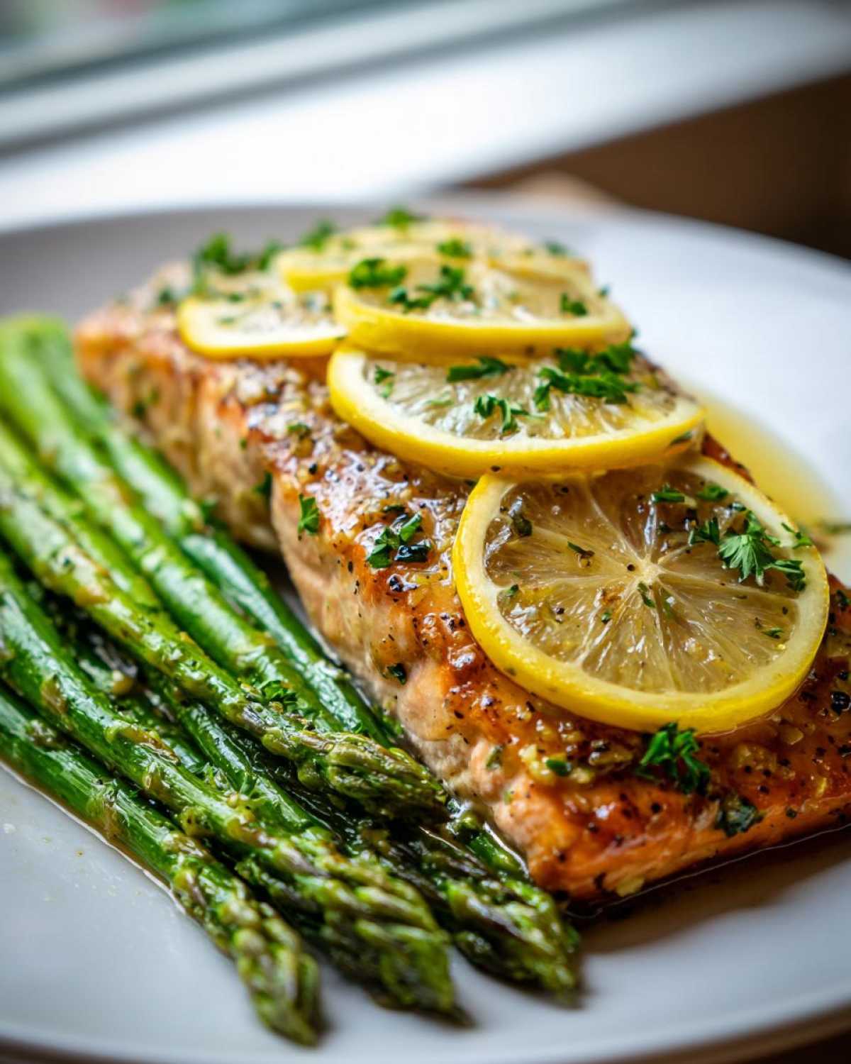 A plated portion of One-Pan Lemon Garlic Salmon with Asparagus, topped with lemon slices and parsley.