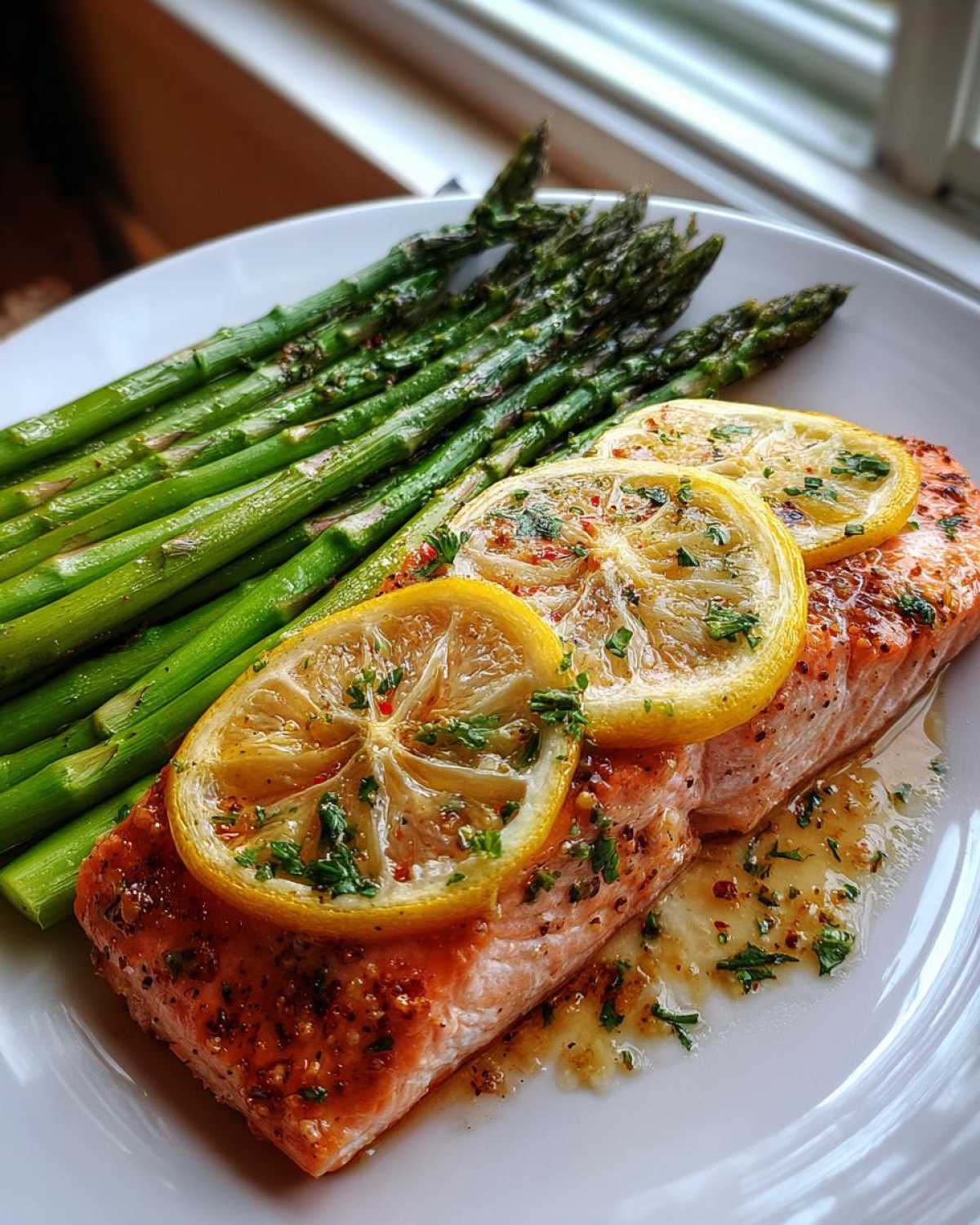 A perfectly cooked fillet of One-Pan Lemon Garlic Salmon with roasted asparagus spears and lemon slices.