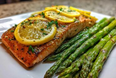 A perfectly cooked fillet of One-Pan Lemon Garlic Salmon with roasted asparagus spears, topped with lemon slices.