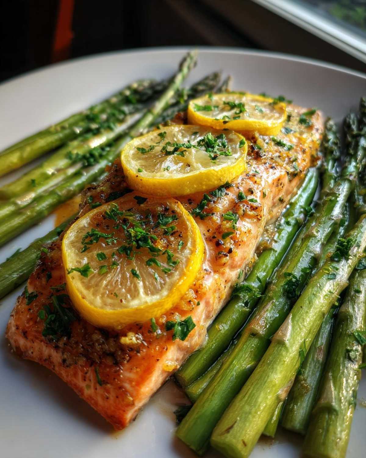 A close-up of One-Pan Lemon Garlic Salmon with Asparagus, topped with lemon slices and parsley.