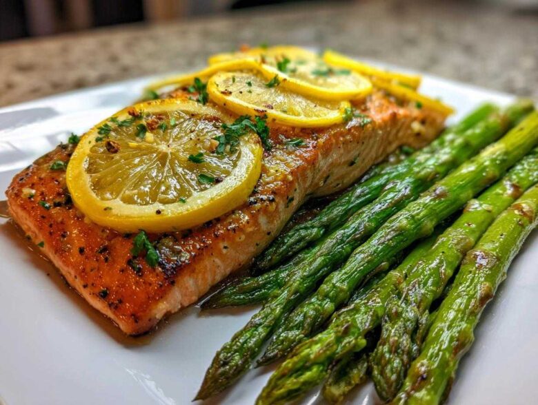 A perfectly cooked fillet of One-Pan Lemon Garlic Salmon with roasted asparagus spears, topped with lemon slices.