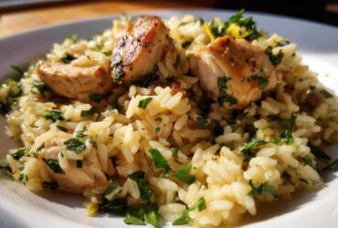 Close-up of tender chicken pieces served over creamy One-Pot Chicken and Rice with Lemon and Herbs, garnished with parsley.