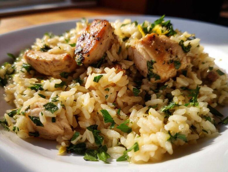 Close-up of tender chicken pieces served over creamy One-Pot Chicken and Rice with Lemon and Herbs, garnished with parsley.