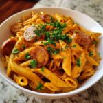 A white bowl filled with One-Pot Creamy Cajun Sausage Pasta, topped with sliced sausage and fresh parsley.