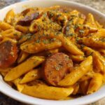 A white bowl filled with One-Pot Creamy Cajun Sausage Pasta, featuring penne coated in orange sauce and sliced sausage.