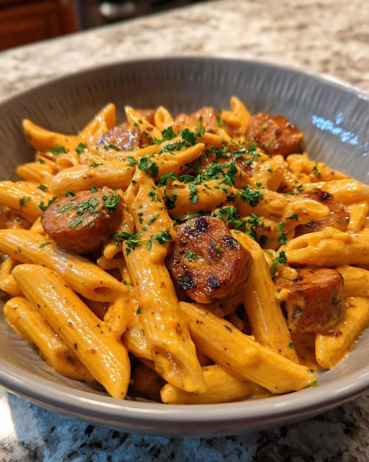 A close-up of One-Pot Creamy Cajun Sausage Pasta featuring penne coated in orange sauce and topped with sliced, seared sausage and parsley.