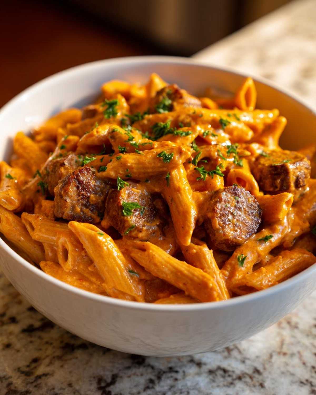 Close-up of a white bowl filled with One-Pot Creamy Cajun Sausage Pasta, topped with fresh parsley.