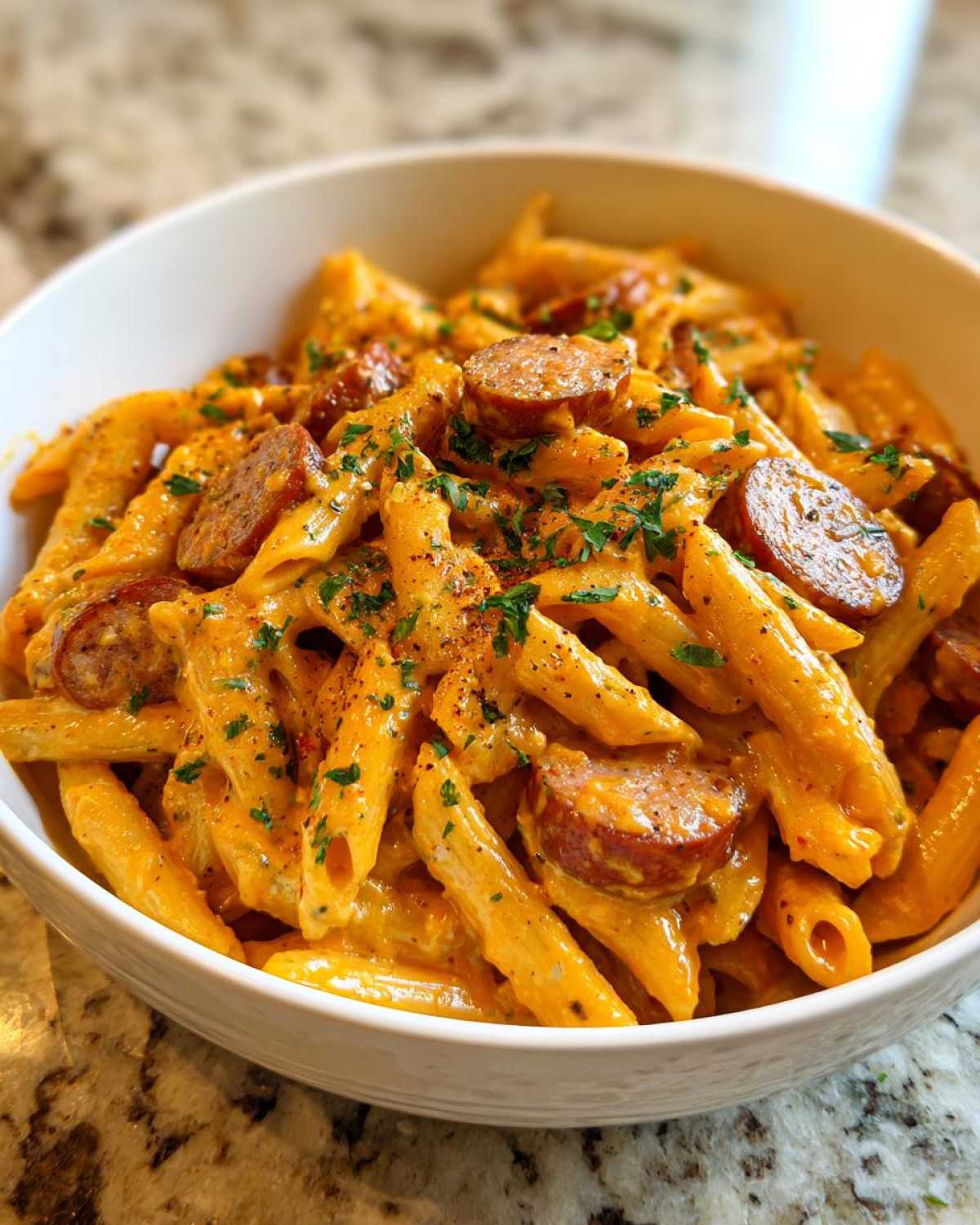 A close-up of a white bowl filled with One-Pot Creamy Cajun Sausage Pasta, garnished with parsley.