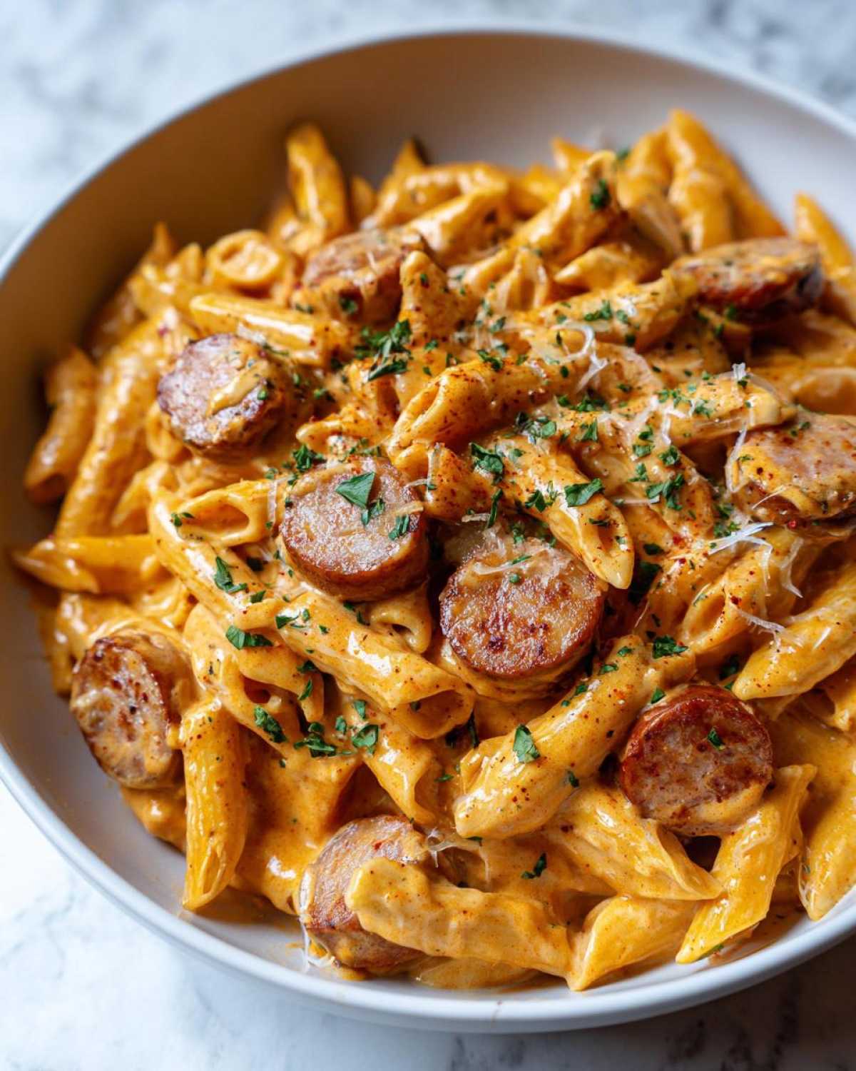 A close-up of One-Pot Creamy Cajun Sausage Pasta featuring penne coated in rich orange sauce and sliced sausage.