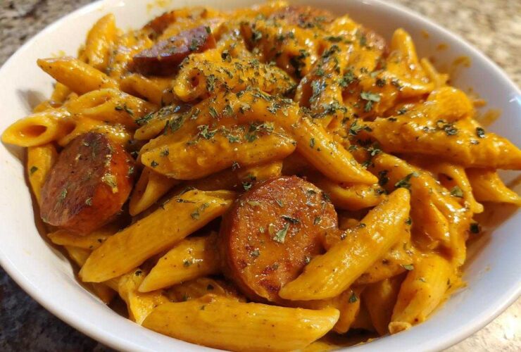 A white bowl filled with One-Pot Creamy Cajun Sausage Pasta, featuring penne coated in orange sauce and sliced sausage.