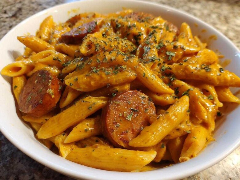 A white bowl filled with One-Pot Creamy Cajun Sausage Pasta, featuring penne coated in orange sauce and sliced sausage.