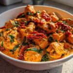 Close-up of One-Pot Creamy Sun-Dried Tomato Chicken featuring chunks of chicken, spinach, and sun-dried tomatoes in a rich sauce.
