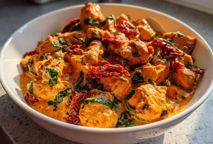 Close-up of One-Pot Creamy Sun-Dried Tomato Chicken featuring chunks of chicken, spinach, and sun-dried tomatoes in a rich sauce.