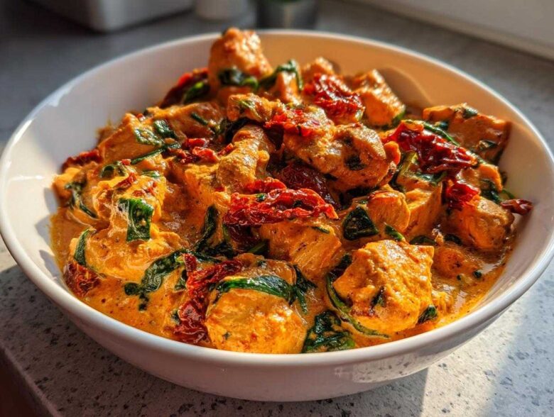 Close-up of One-Pot Creamy Sun-Dried Tomato Chicken featuring chunks of chicken, spinach, and sun-dried tomatoes in a rich sauce.