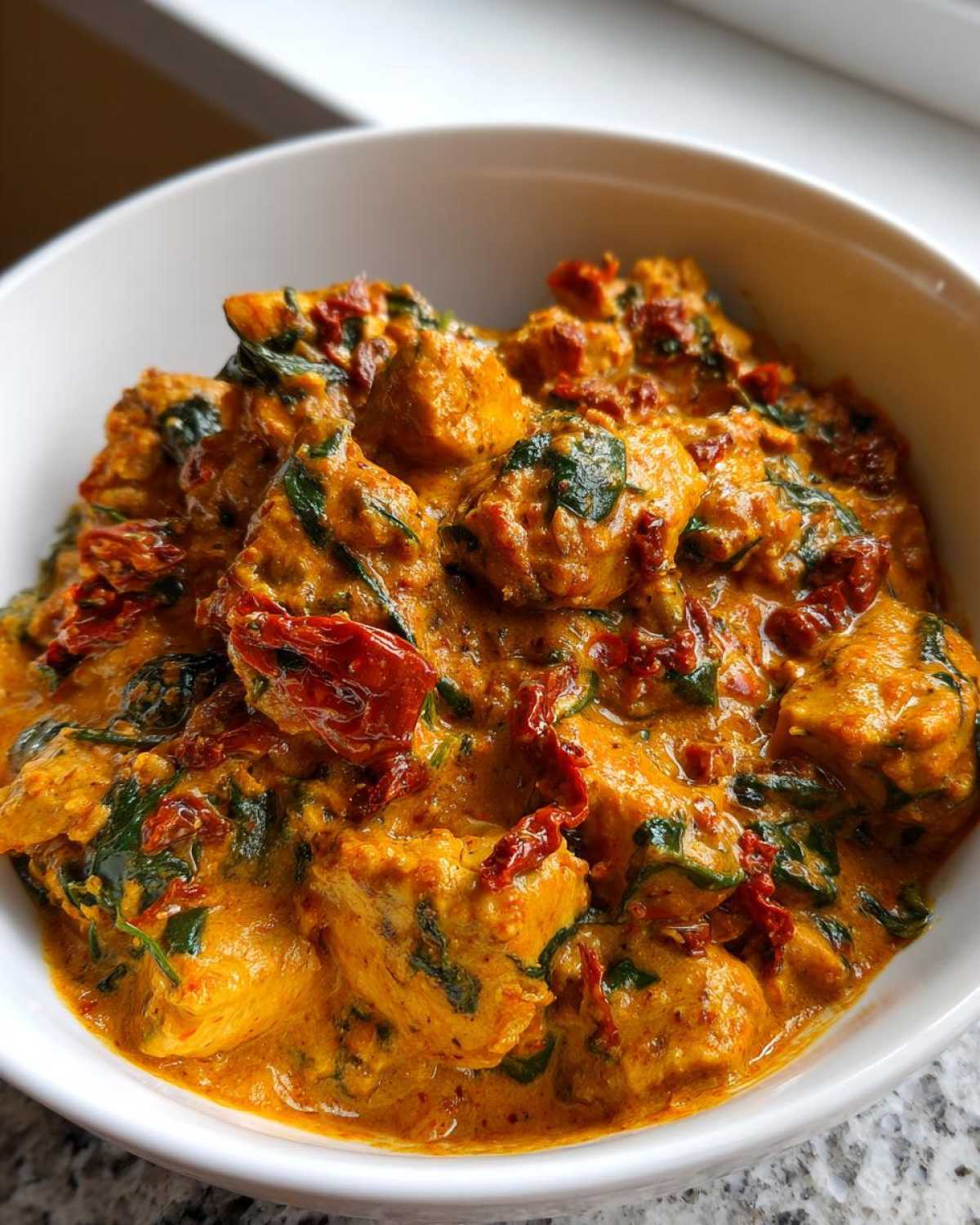 Close-up of chunks of chicken coated in a rich, creamy, orange sauce with spinach and sun-dried tomatoes in a white bowl, featuring One-Pot Creamy Sun-Dried Tomato Chicken.