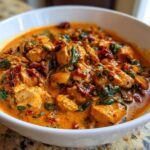 A close-up shot of One-Pot Creamy Sun-Dried Tomato Chicken served in a white bowl, rich with sauce, spinach, and sun-dried tomatoes.