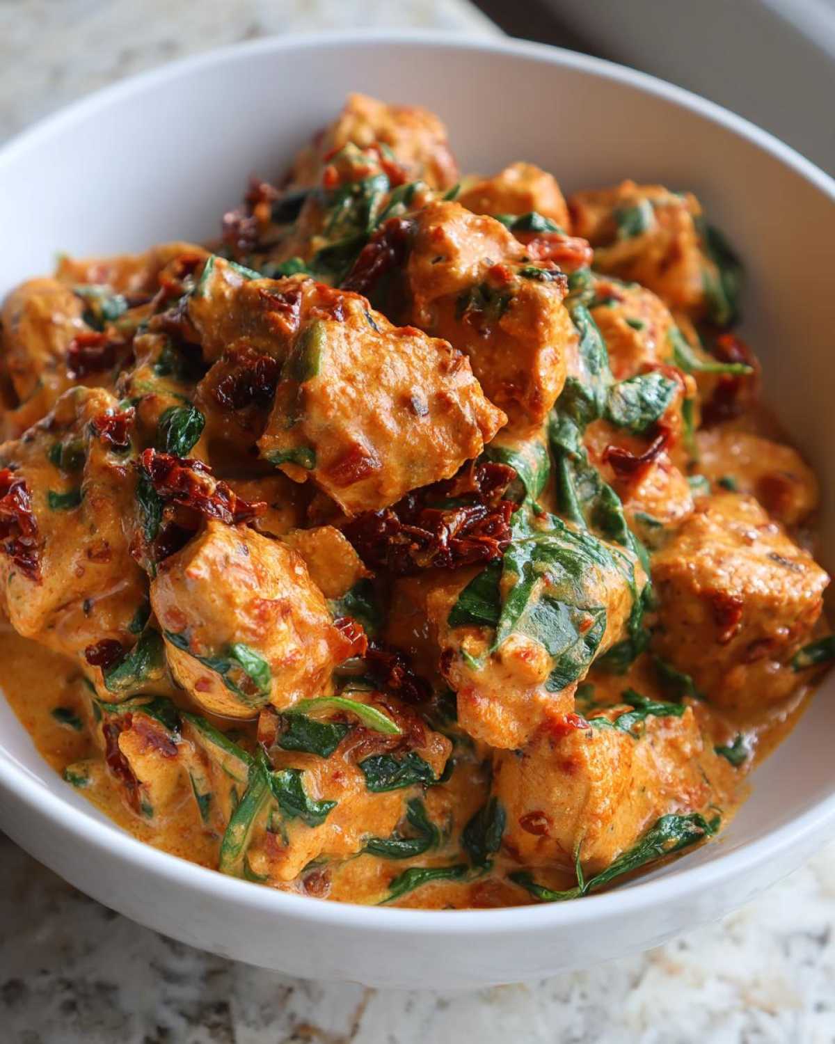 A close-up view of chunks of chicken coated in a rich, orange-hued sauce with spinach and sun-dried tomatoes, served in a white bowl.
