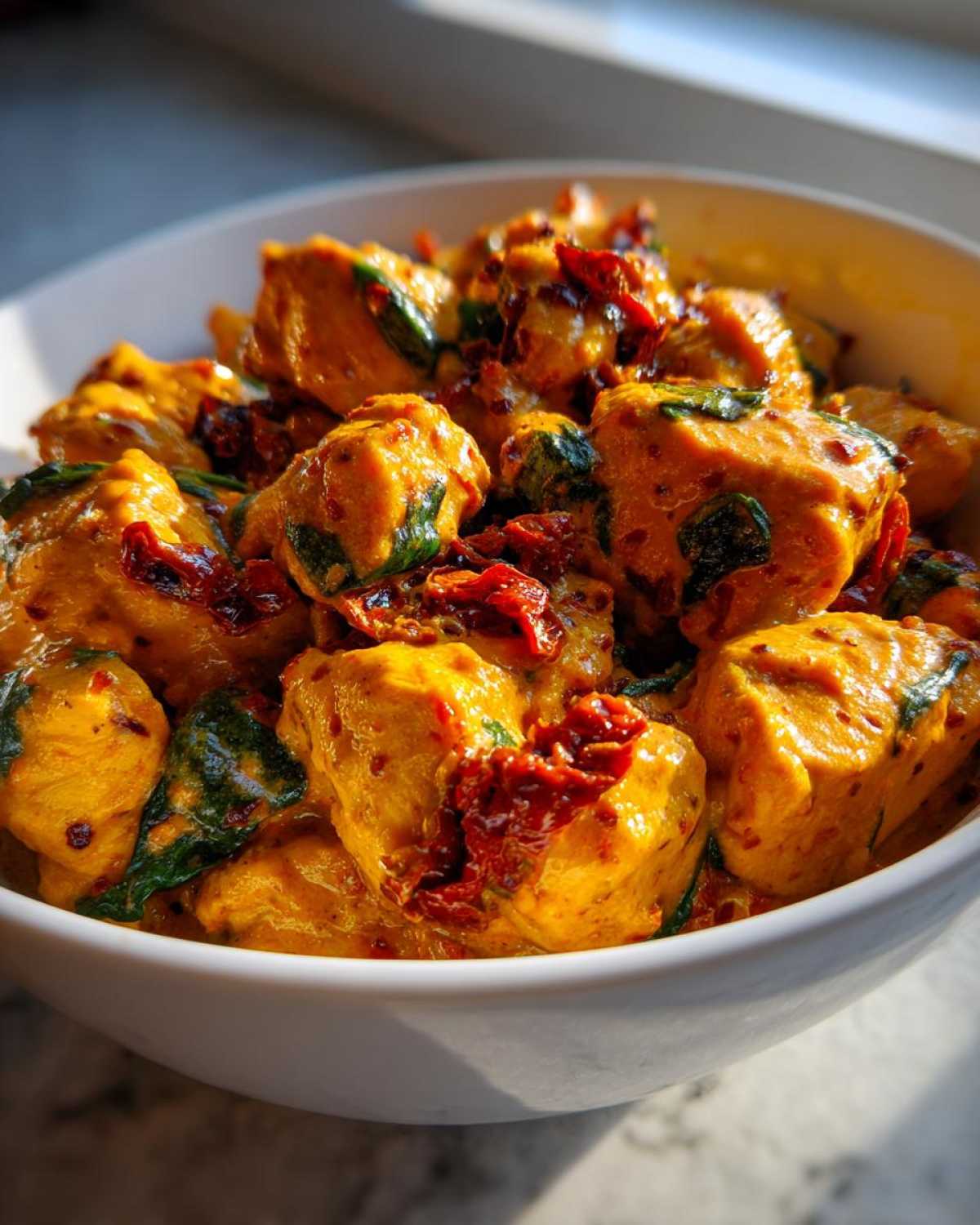 Close-up of cubed chicken coated in a rich, yellow sauce with sun-dried tomatoes and spinach, part of the One-Pot Creamy Sun-Dried Tomato Chicken.