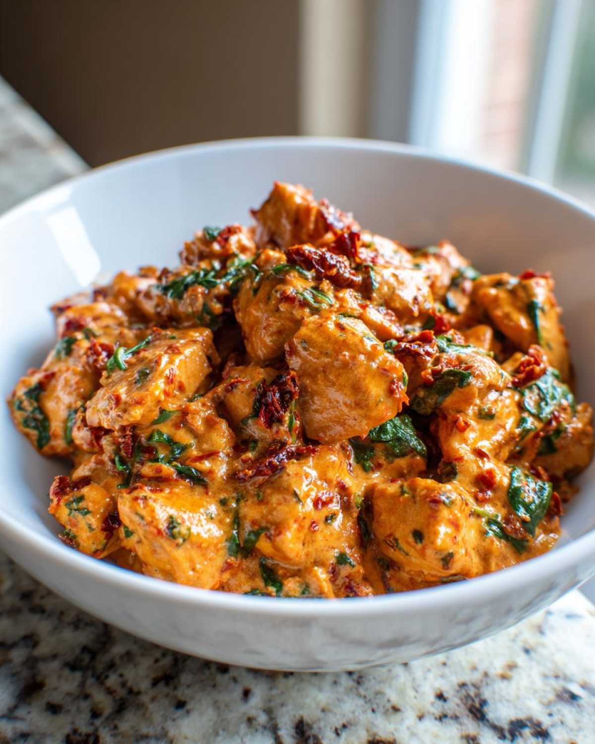 Close-up of tender chicken pieces coated in a rich, creamy sauce with sun-dried tomatoes and spinach: One-Pot Creamy Sun-Dried Tomato Chicken.