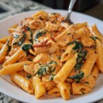 A close-up of a white bowl filled with One-Pot Creamy Tuscan Chicken Pasta featuring penne, chicken chunks, spinach, and sun-dried tomatoes.