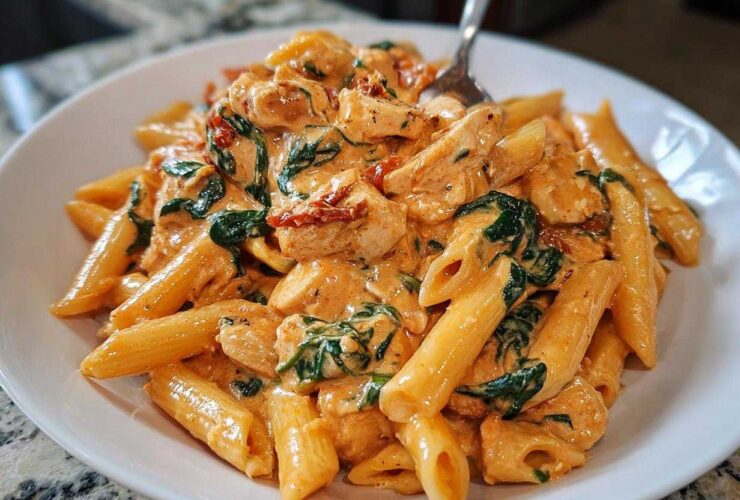 A close-up of a white bowl filled with One-Pot Creamy Tuscan Chicken Pasta featuring penne, chicken chunks, spinach, and sun-dried tomatoes.