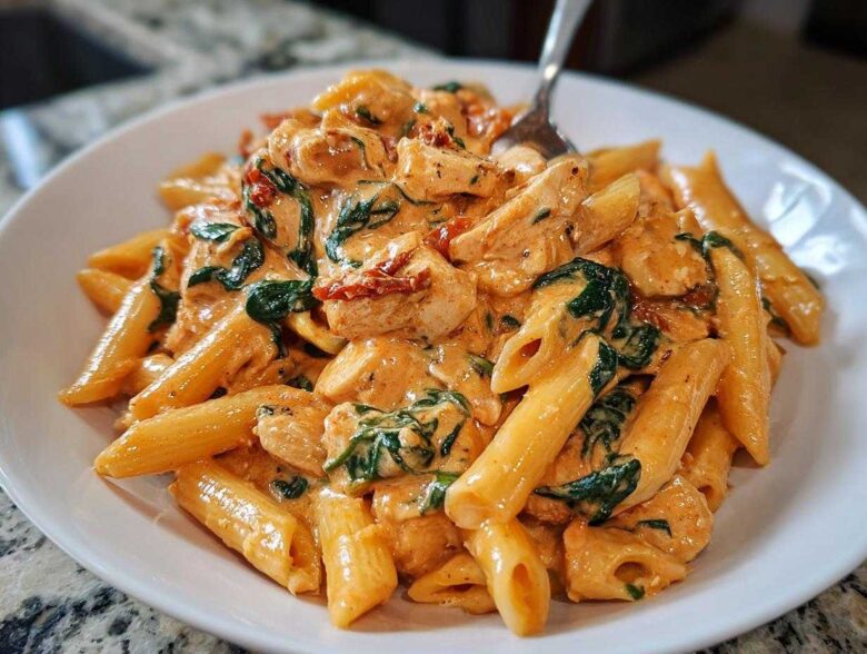 A close-up of a white bowl filled with One-Pot Creamy Tuscan Chicken Pasta featuring penne, chicken chunks, spinach, and sun-dried tomatoes.