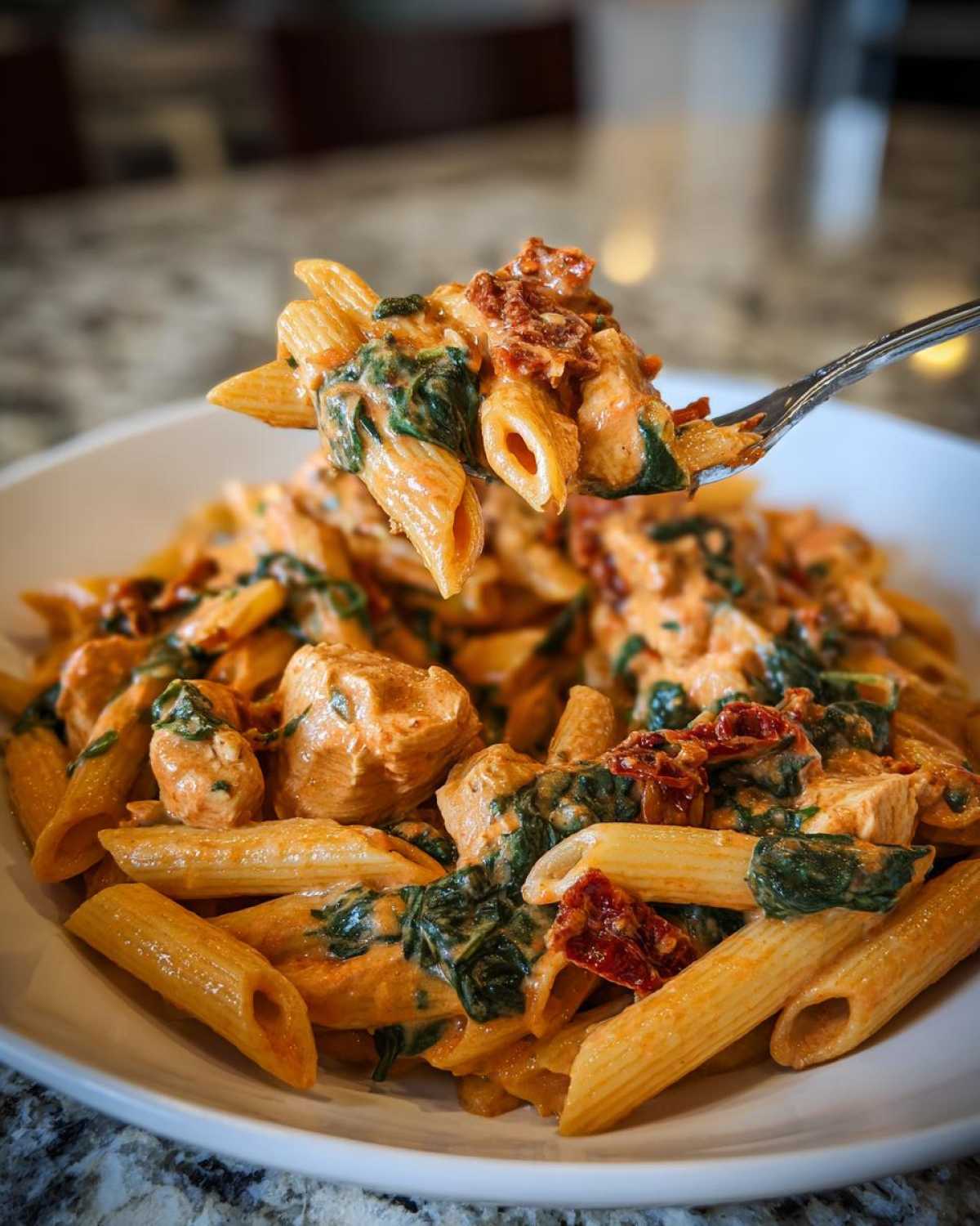 A fork lifts a bite of One-Pot Creamy Tuscan Chicken Pasta, showing penne, chicken, spinach, and sun-dried tomatoes.