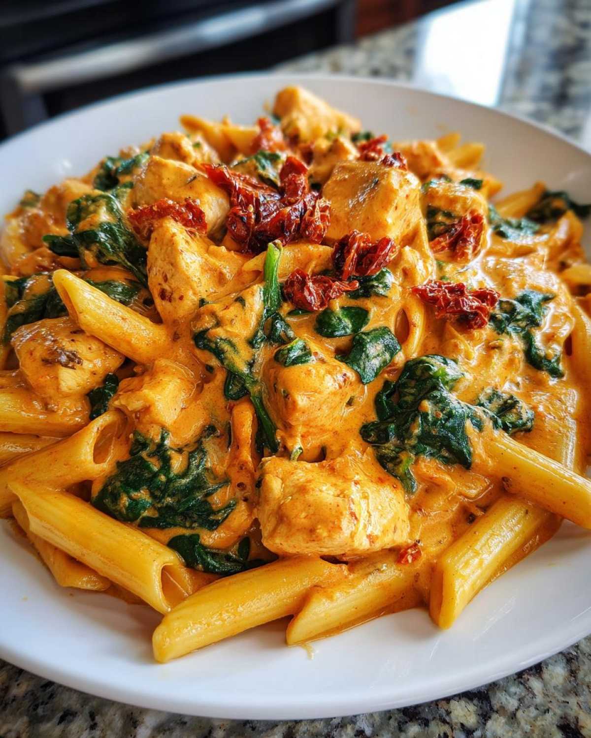 A close-up of One-Pot Creamy Tuscan Chicken Pasta featuring penne, chicken chunks, spinach, and sun-dried tomatoes in a rich orange sauce.