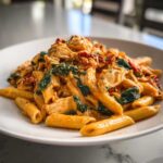 A close-up of a white bowl filled with One-Pot Creamy Tuscan Chicken Pasta featuring penne, shredded chicken, spinach, and sun-dried tomatoes.