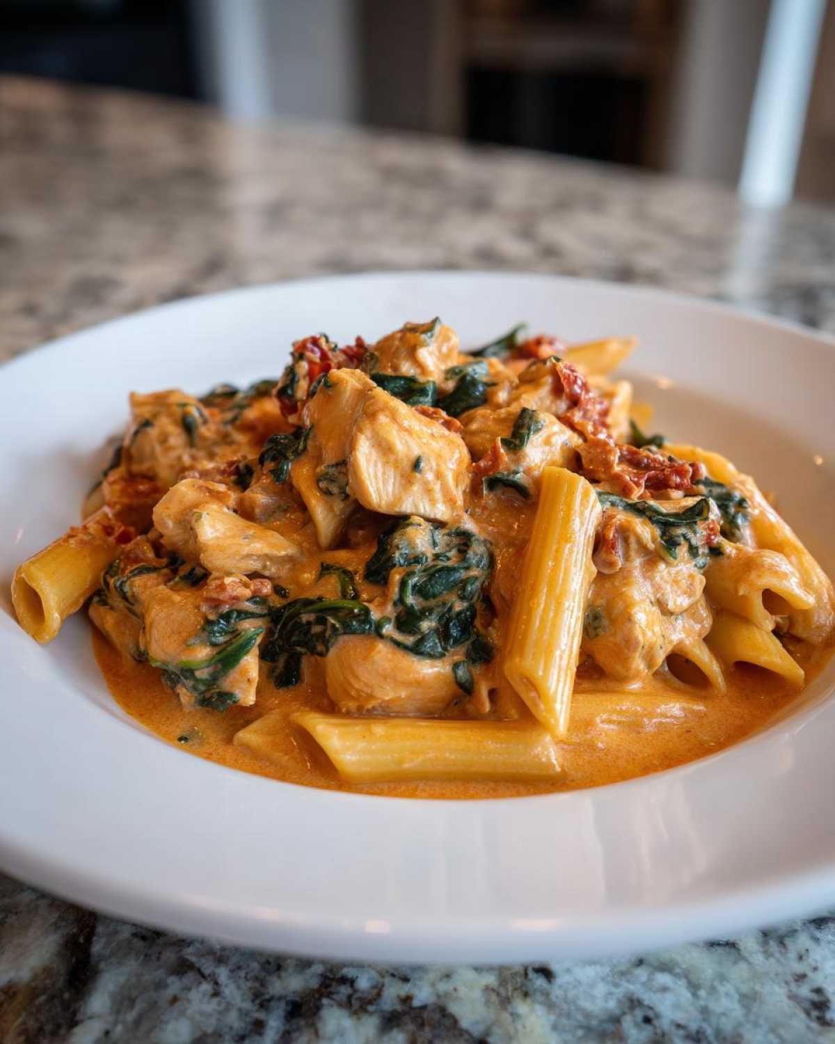 A close-up of a white bowl filled with One-Pot Creamy Tuscan Chicken Pasta featuring penne, chicken chunks, spinach, and sun-dried tomatoes.