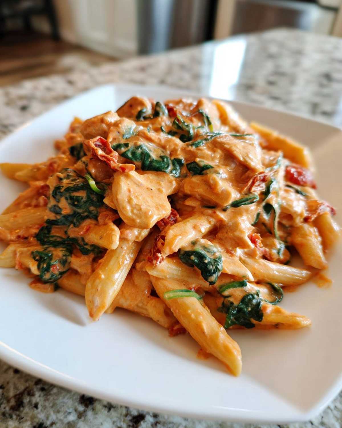 A close-up of a serving of One-Pot Creamy Tuscan Chicken Pasta with penne, chicken chunks, spinach, and sun-dried tomatoes.