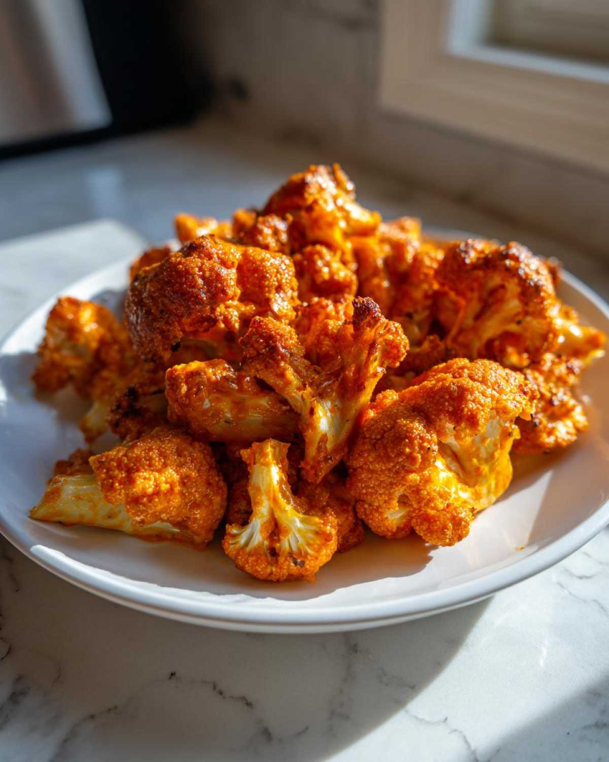 Close-up of roasted cauliflower florets coated in bright orange tikka masala spice mix for Vegan Cauliflower Tikka Masala.