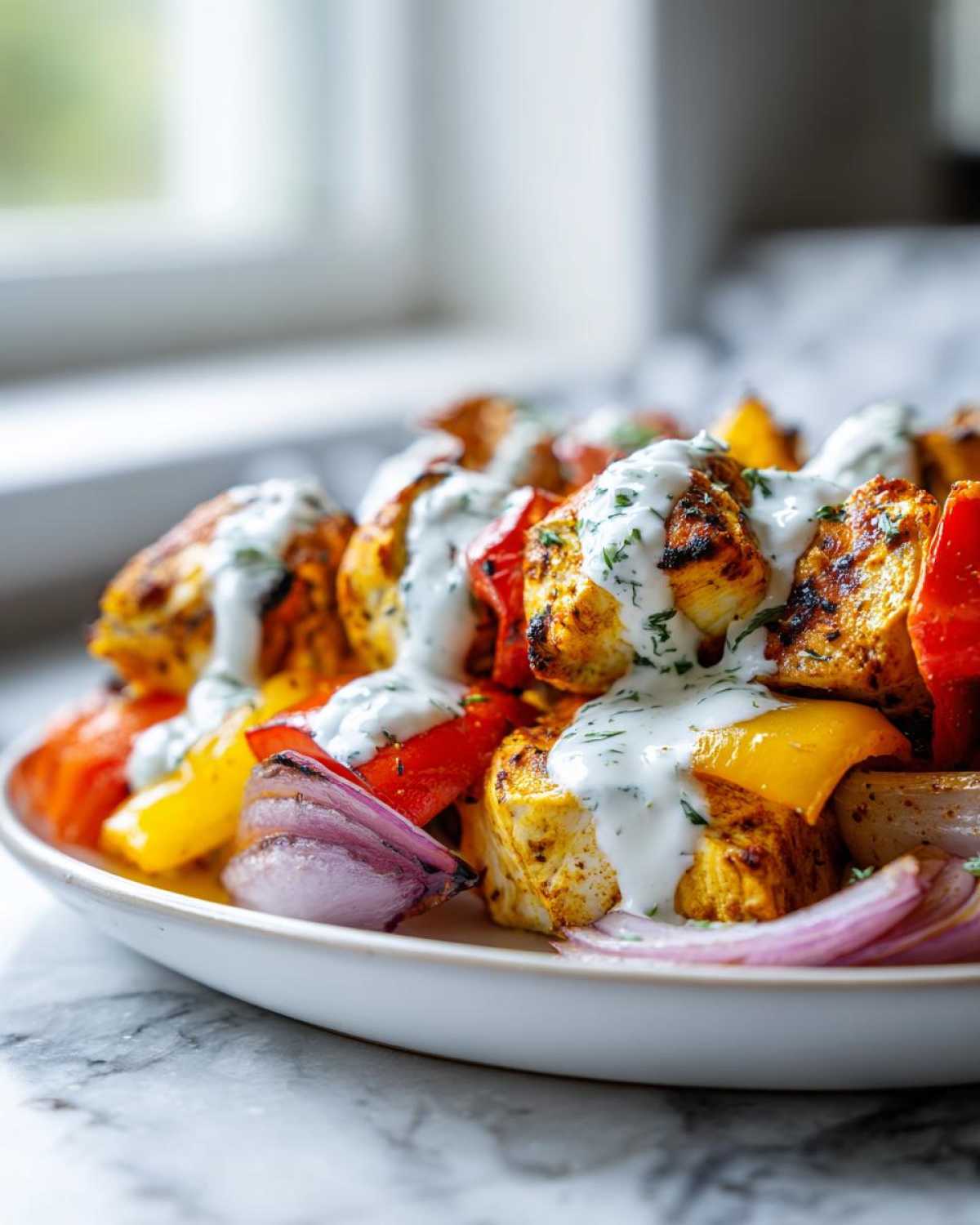 Close-up of Sheet Pan Chicken Shawarma pieces and vegetables drizzled with garlic yogurt sauce.