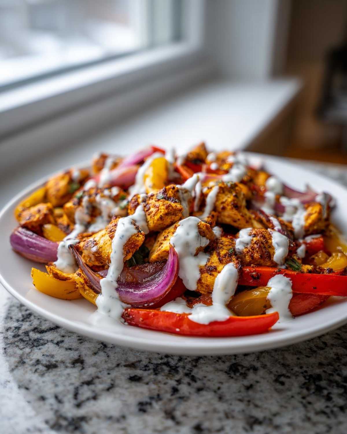 Plate of Sheet Pan Chicken Shawarma pieces with roasted peppers and onions, drizzled with garlic yogurt sauce.