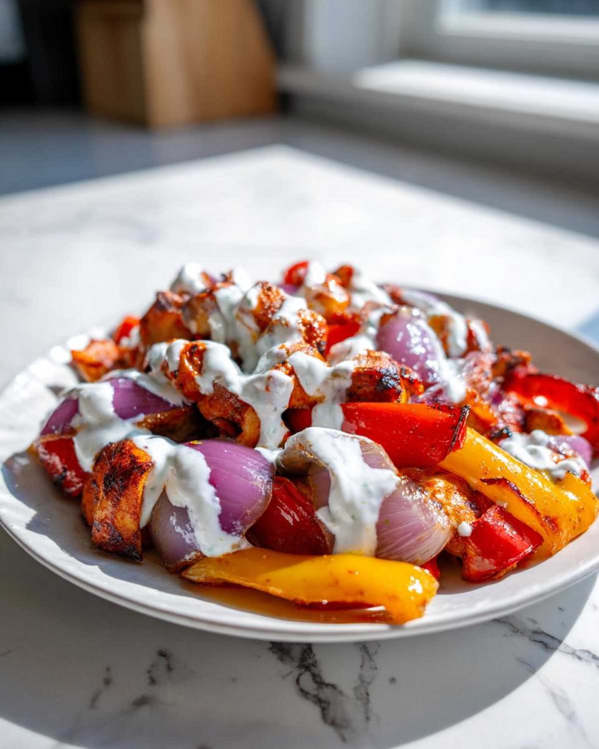 Plate of Sheet Pan Chicken Shawarma pieces mixed with roasted red onions and peppers, drizzled generously with garlic yogurt sauce.