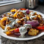 Close-up of Sheet Pan Chicken Shawarma pieces mixed with roasted red onions and peppers, drizzled generously with garlic yogurt sauce.