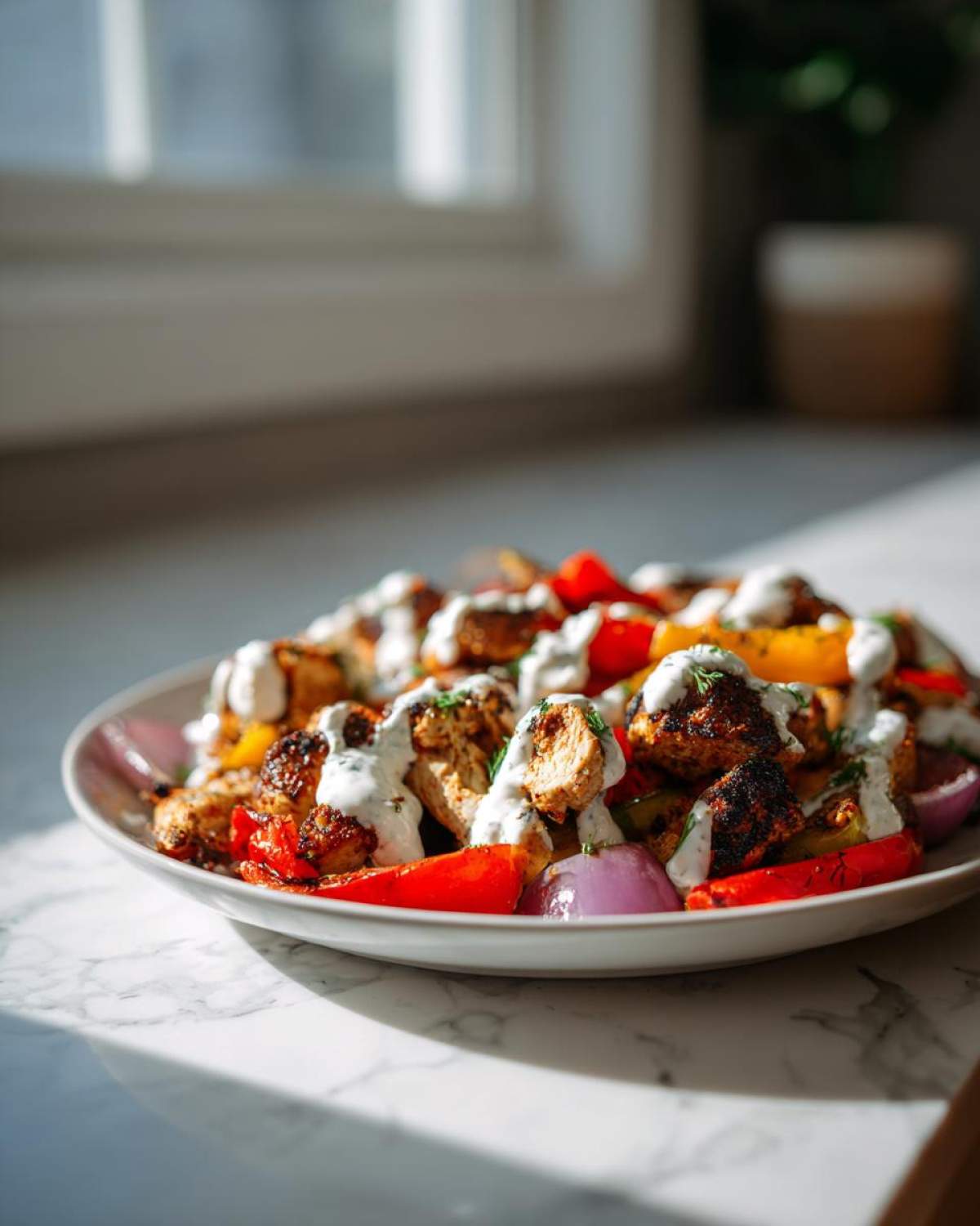 Plate of Sheet Pan Chicken Shawarma pieces mixed with roasted peppers and onions, topped with garlic yogurt sauce.